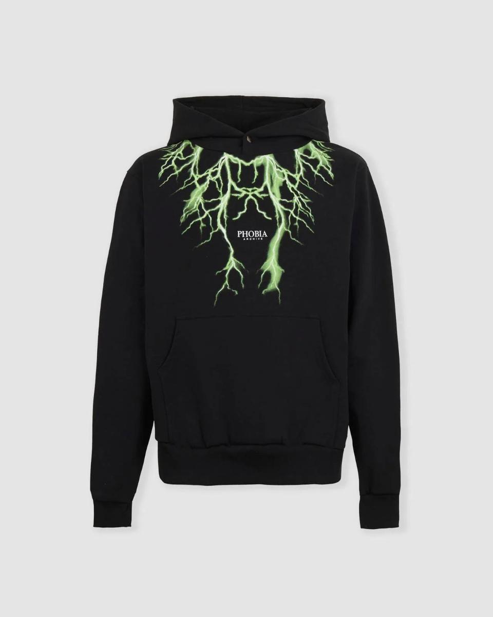 BLACK HOODIE WITH GREEN LIGHTNING-Nero