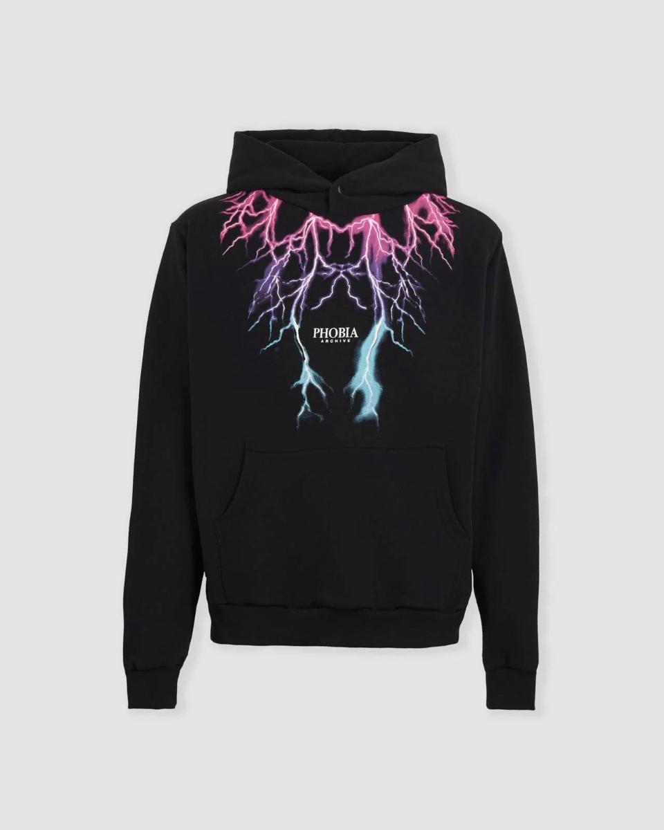 BLACK HOODIE WITH PINK AND BLUE LIGHTNING-Nero