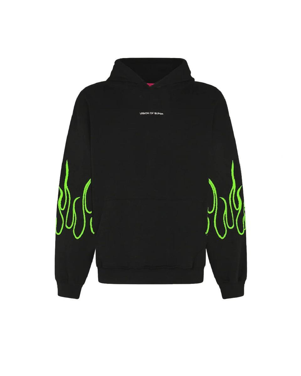 BLACK HOODIE WITH EMBROIDERED GREEN FLAMES WHITE LOGO