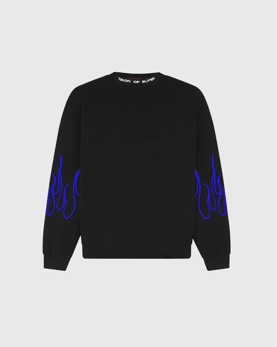 BLACK CREWNECK WITH EMBROIDERED BLUE FLAMES WHITE LOGO