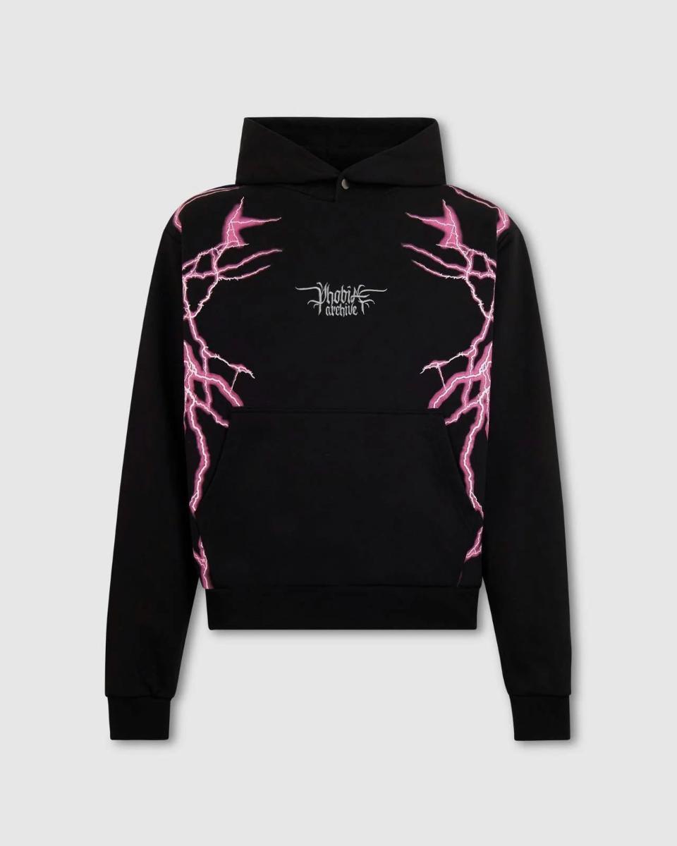 BLACK HOODIE WITH LATERAL PINK LIGHTNING PRINT AND EMBROIDERY GOTHIC LOGO