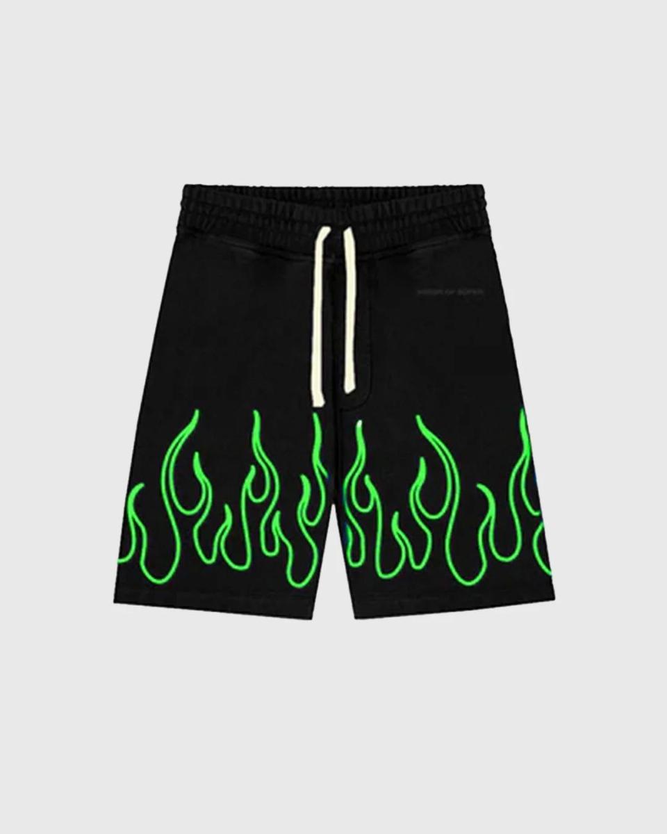 BLACK SHORTS WITH EMBROIDERED GREEN FLAMES WHITE LOGO-Nero
