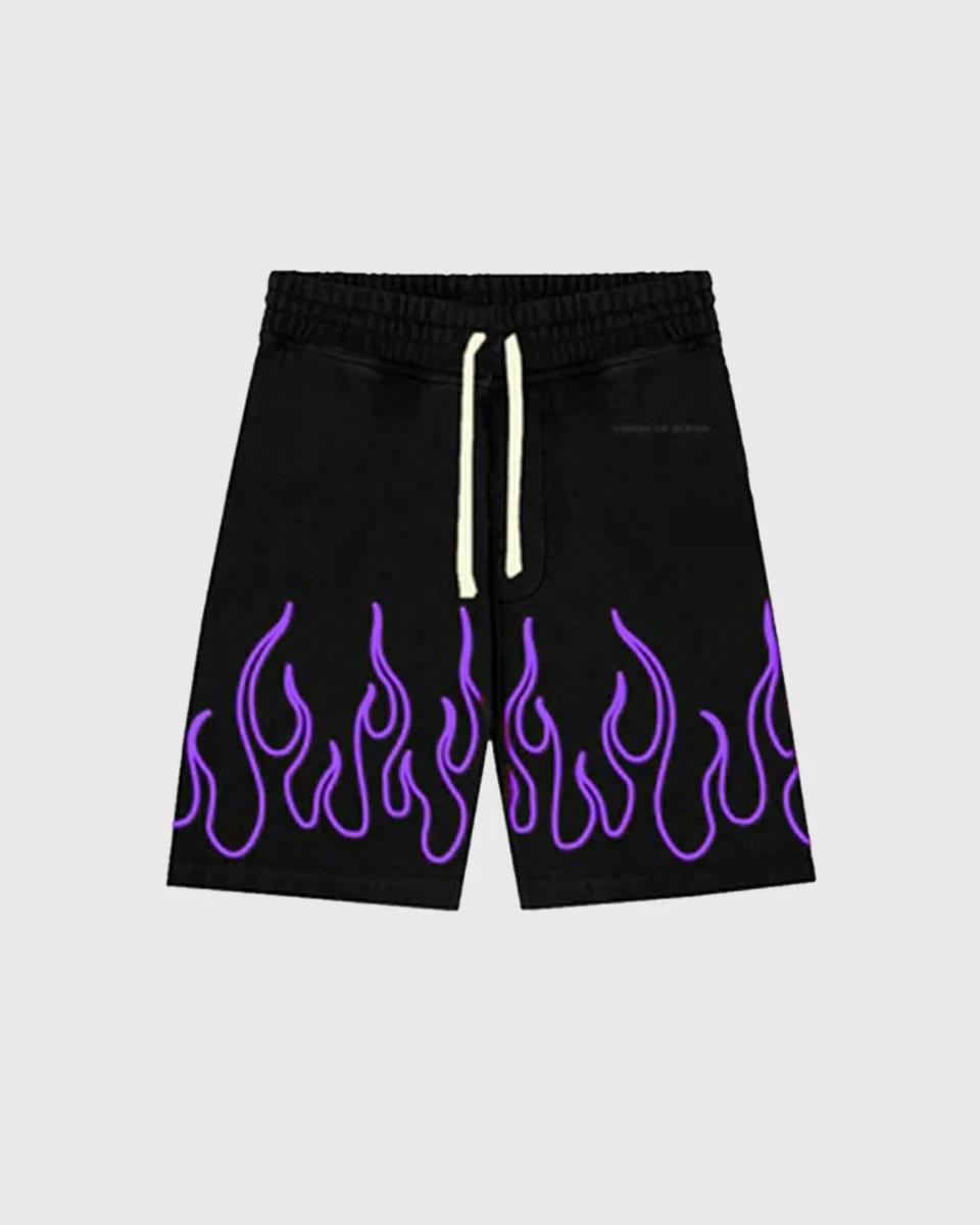 BLACK SHORTS WITH EMBROIDERED PURPLE FLAMES WHITE LOGO