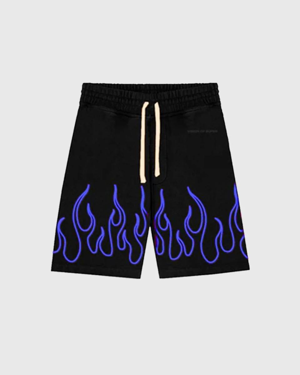 BLACK SHORTS WITH EMBROIDERED BLUE FLAMES WHITE LOGO-Nero