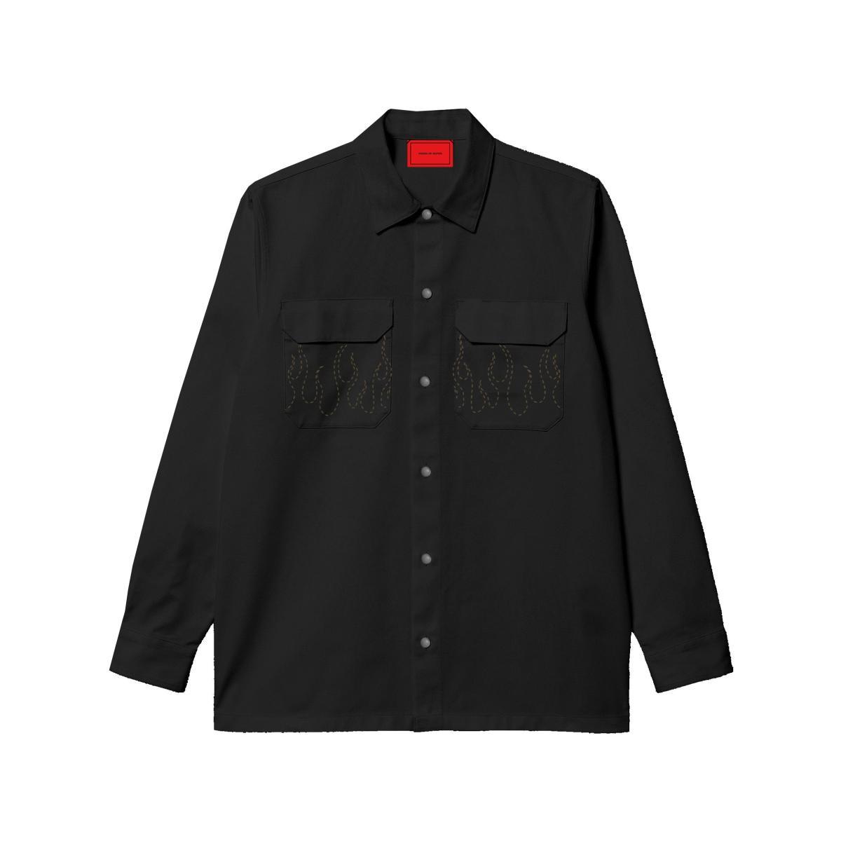 BLACK SHIRT WITH PRINT LOGO ON BACK EMBROIDERED FLAMES ON POKET AND VOS LABEL ON LEFT SLEEVE 1-Nero