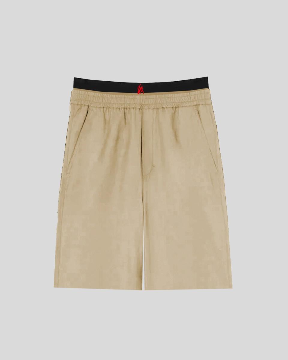 BEIGE SHORTS WITH ELASTIC WAIST EMROIDERED FLAMES ON POCKETS AND LOGO FLAME-Beige