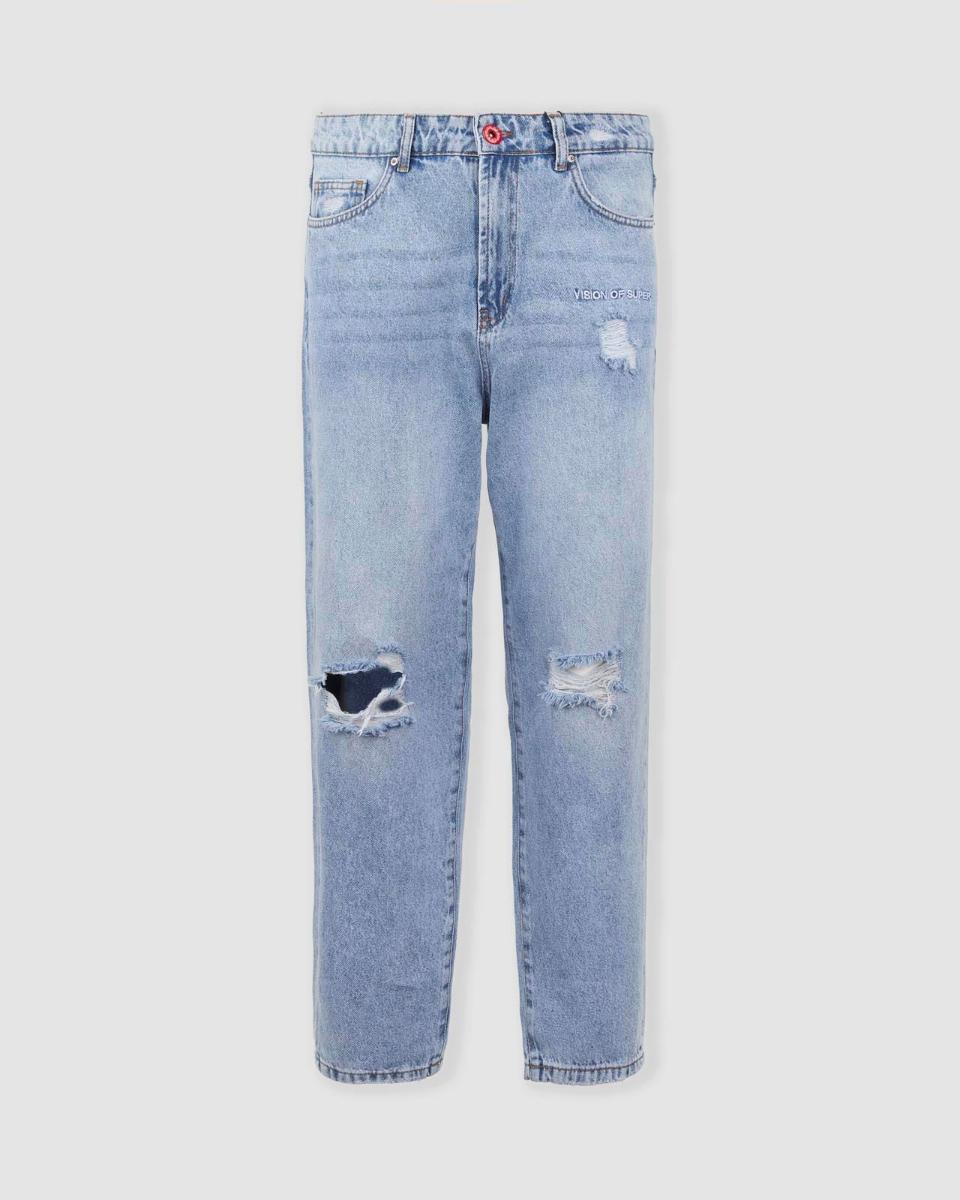 DESTROIED BLUE DENIM WITH EMBROIDERED WHITE LOGO ON FRONT AND EMBROIDERED FLAMES ON BACK POCKETS