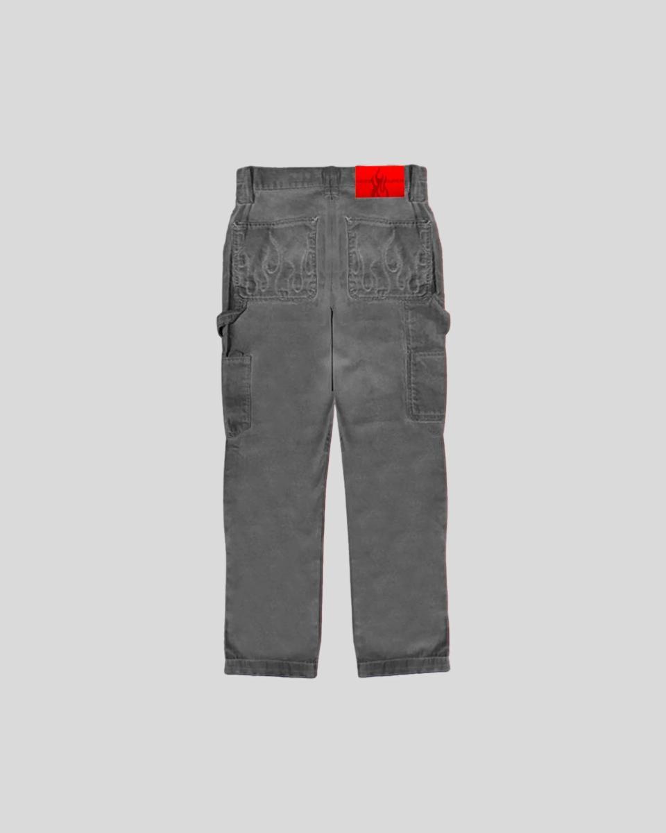 GREY WORKER DENIM WITH EPBROIDERED FLAMES ON BACK POCKETS