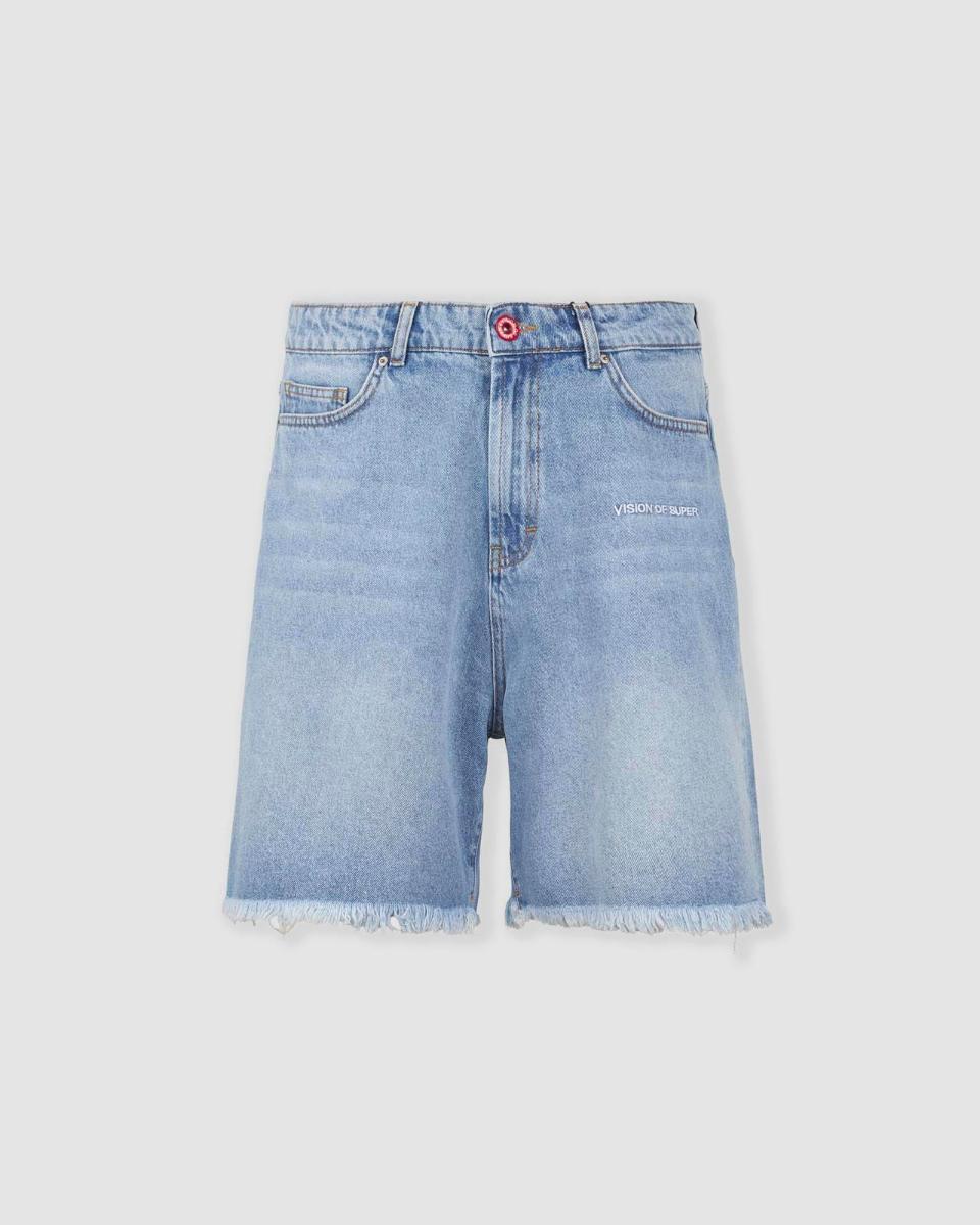 BLUE DENIM SHORTS WITH EMBROIDERED WHITE LOGO ON FRONT AND EMBROIDERED FLAMES ON BACK POCKETS 1