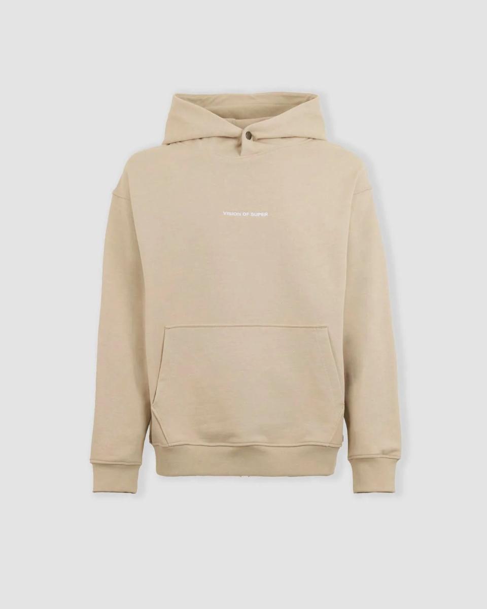 BEIGE HOODIE WITH WHITE RUINED SKULL PRINT WHITE EMBROIDERED LOGO ON NECK AND RED LABEL