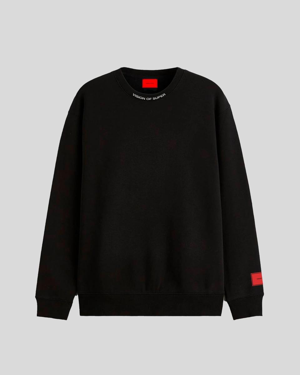BLACK CREWNECK WITH WHITE RUINED SKULL PRINT ON BACK EMBROIDERED LOGO ON FRONT AND RED LABEL ON LEFT SLEEVE