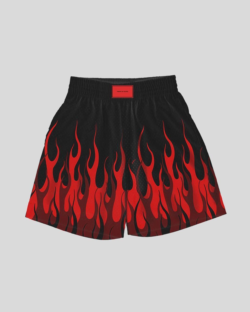 BLACK BASKET SHORTS WITH TRIPLE FLAMES AND RED LABEL 1-Nero