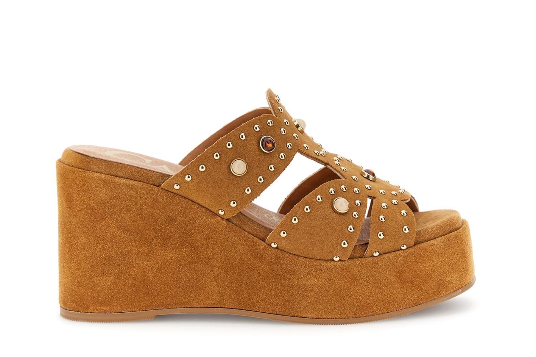 CAFèNOIR - Sandali Ciabatta In Camoscio Su Zeppa Con Borchie E Cabochon, Da Donna