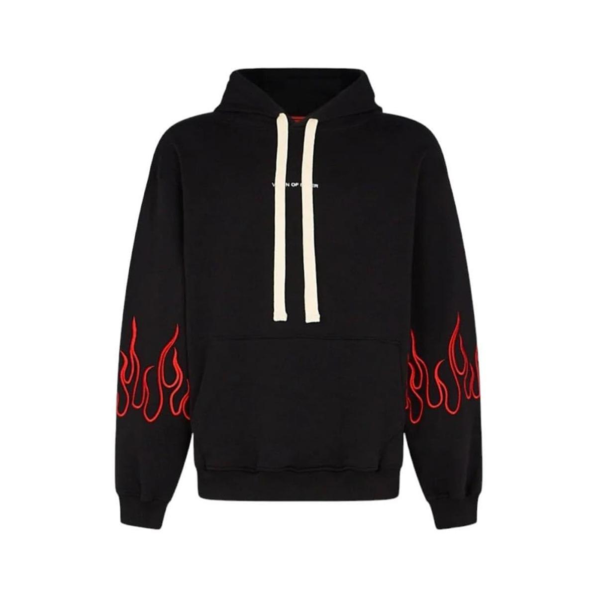 BLACK HOODIE WITH RED EMBROIDERY FLAMES