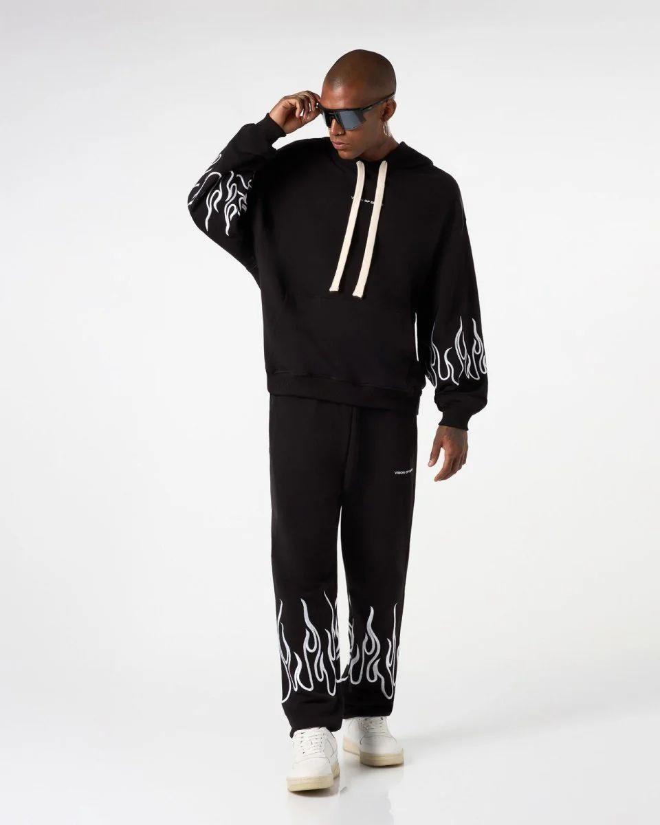 BLACK HOODIE WITH WHITE EMBROIDERED FLAMES 1