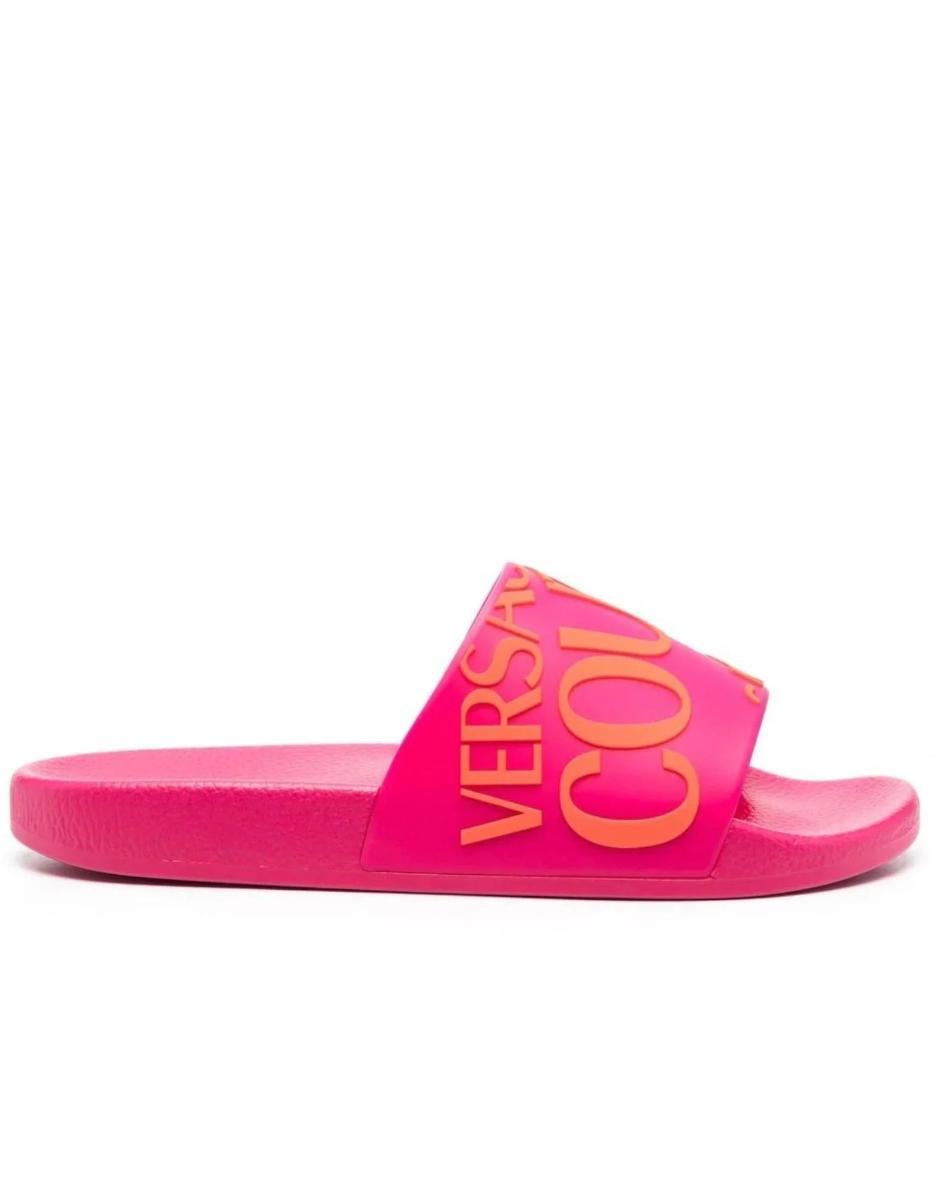 Versace Jeans Couture Ciabatte Da Donna Fucsia, Fascia Con Logo Lettering A Contrasto Di Colore Arancione