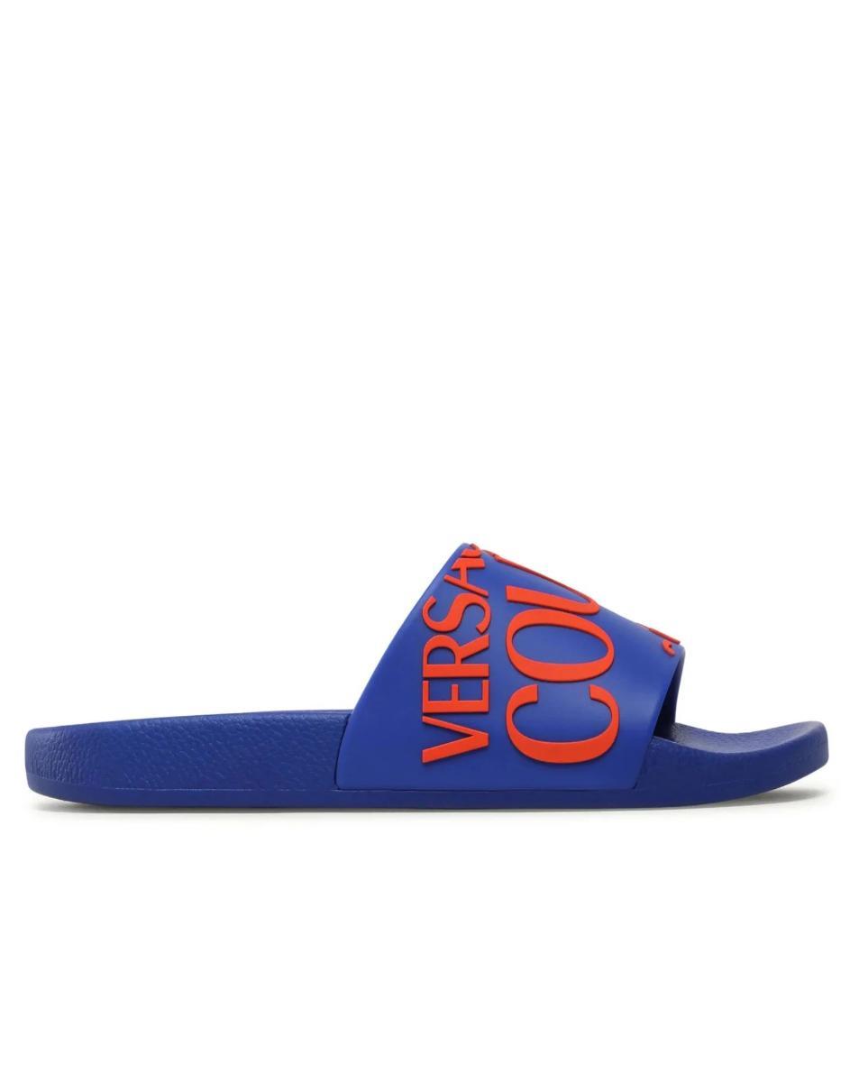 Versace Jeans Couture Ciabatte Da Uomo Blu, Con Logo Lettering A Contrasto Di Colore Arancione
