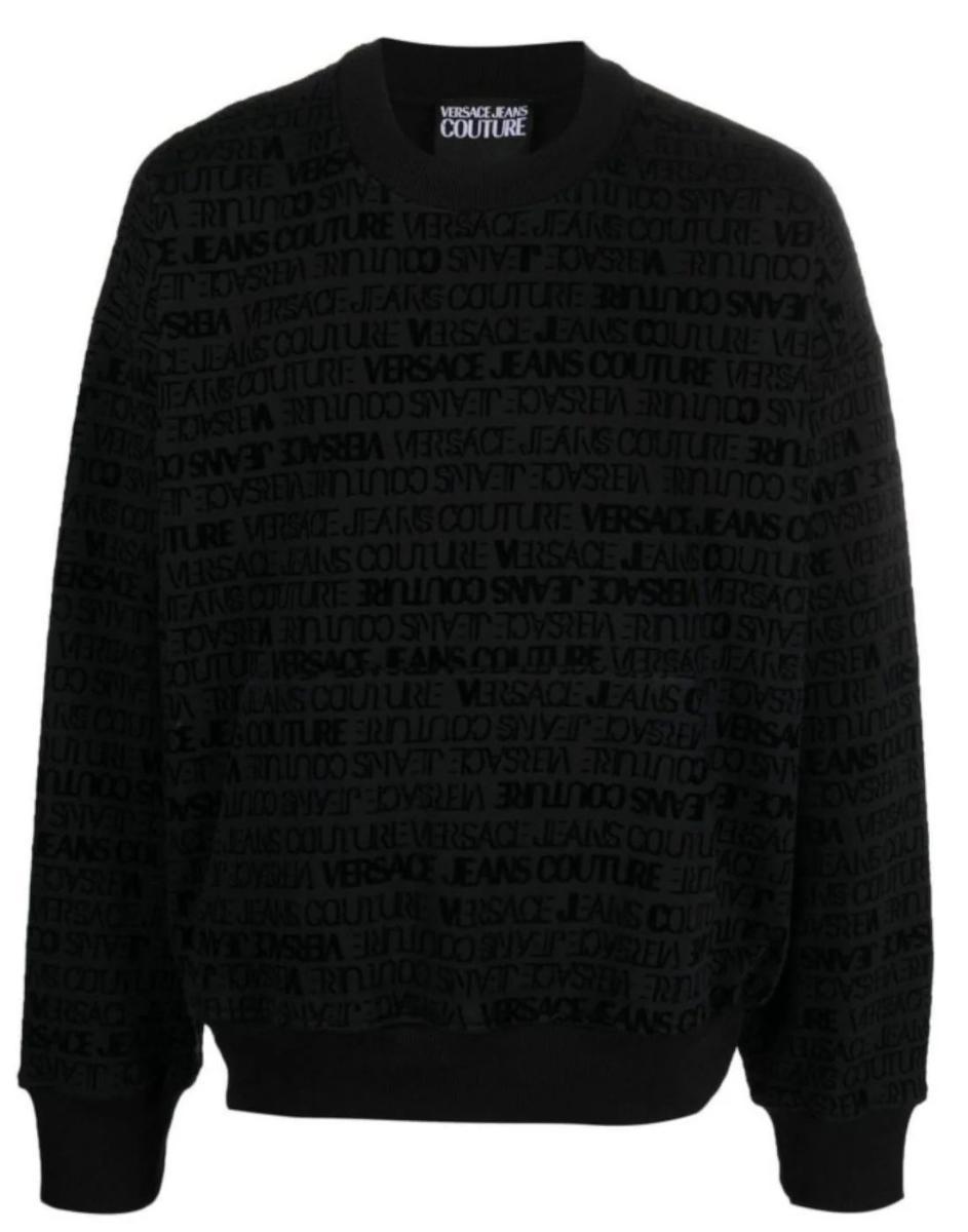 Versace Jeans Couture Felpa Nera A Girocollo Con Logo Lettering All Over Tono Su Tono