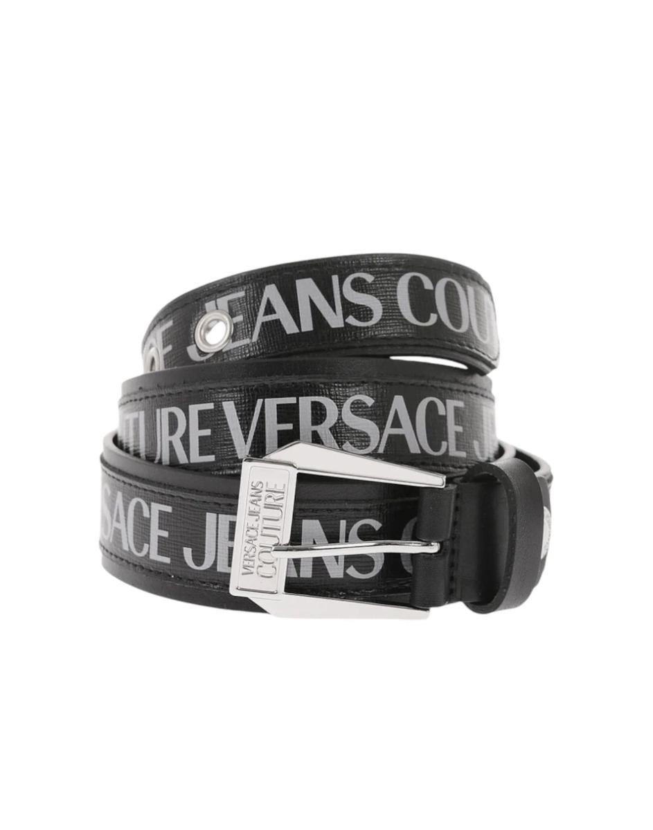 Versace Jeans Couture Cintura Da Uomo In Pelle Nera, Con Logo Versace Jeans Couture Di Colore Grigio-Nero