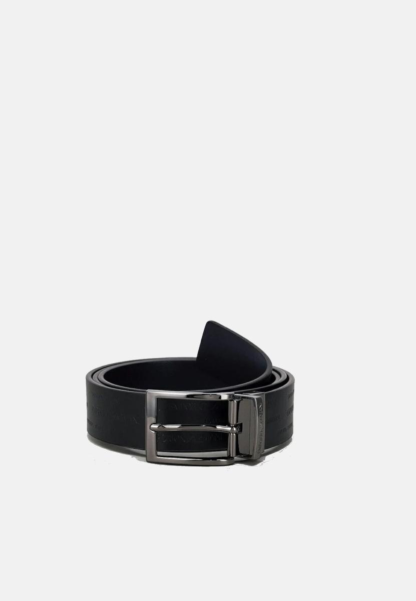 Emporio Armani Cintura Uomo Nera Con Logo Lettering All Over Reversibile Blu