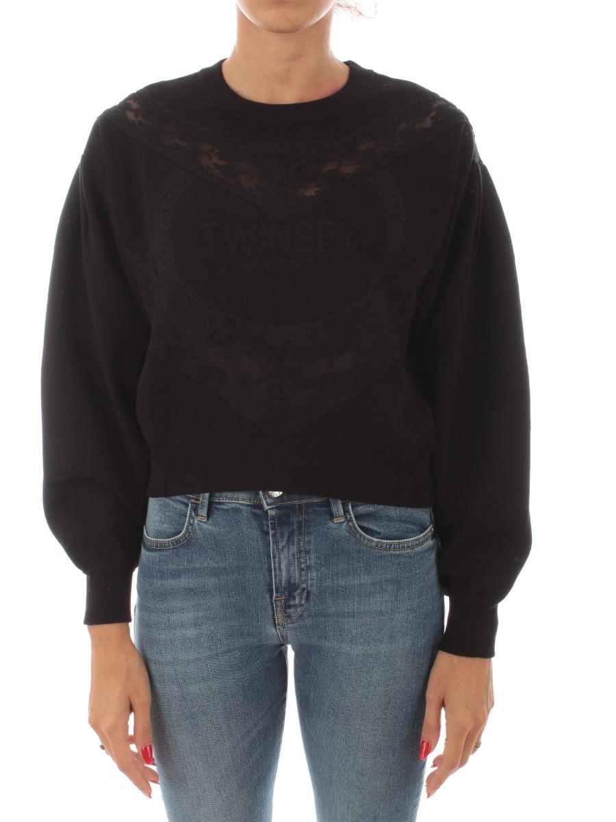 Twinset maglia con logo e pizzo da donna nero,212TT3040