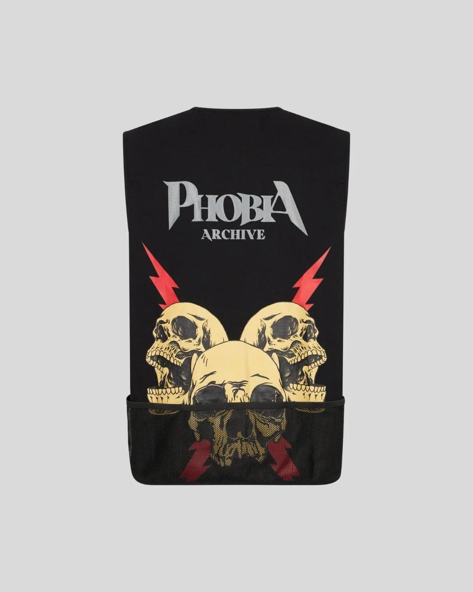 BLACK WORKER GILET WITH SCREAMING SKULLS PRINT AND METAL LABEL-Nero