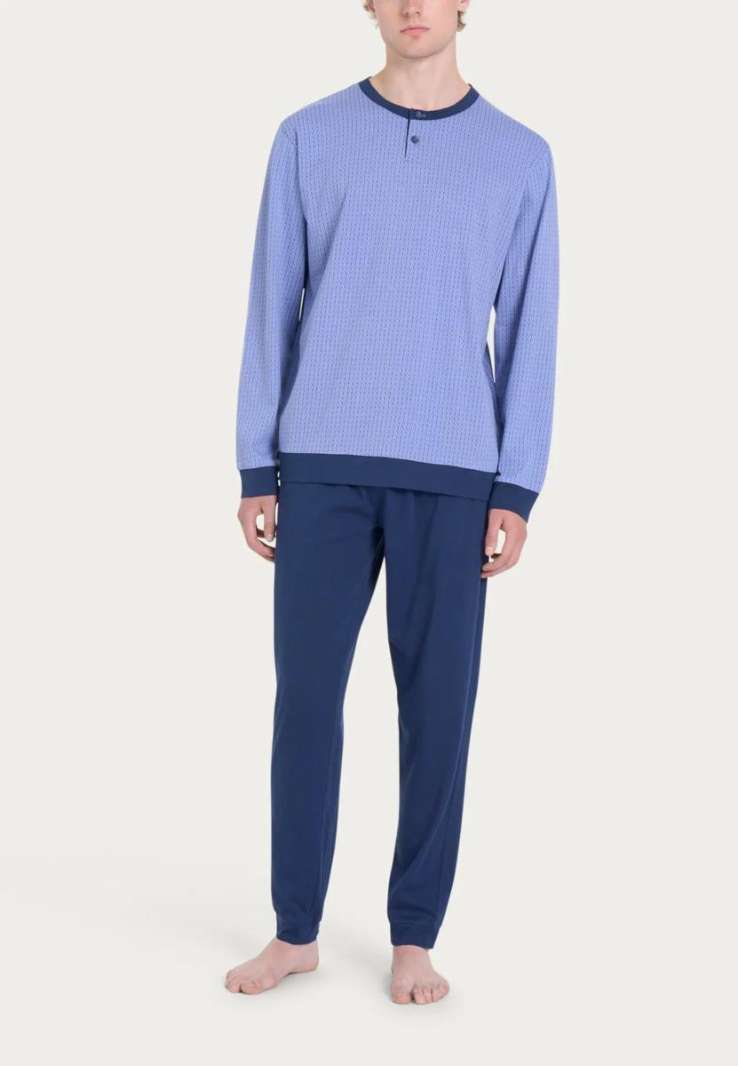 RAGNO Pigiama Uomo Cotone Estivo Manica Lunga Collo Serafino Maglia e Pantalone con Polsini Articolo U888N1-Azzurro