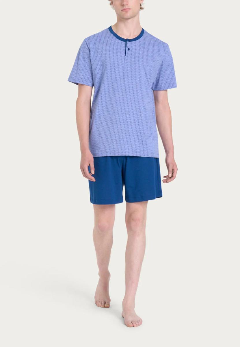 RAGNO Pigiama Uomo Corto Maglia Mezza Manica Collo Serafino Davanti in Maglina di Cotone Articolo U888ND-Azzurro