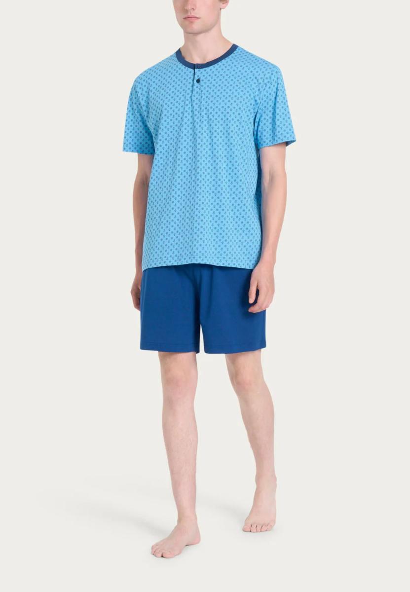 RAGNO Pigiama Uomo Corto Maglia Mezza Manica Collo Serafino Davanti in Maglina di Cotone Articolo U888ND-Acqua