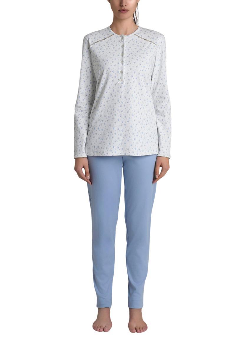 RAGNO Pigiama Donna Lungo Puro Cotone Felpato-Azzurro