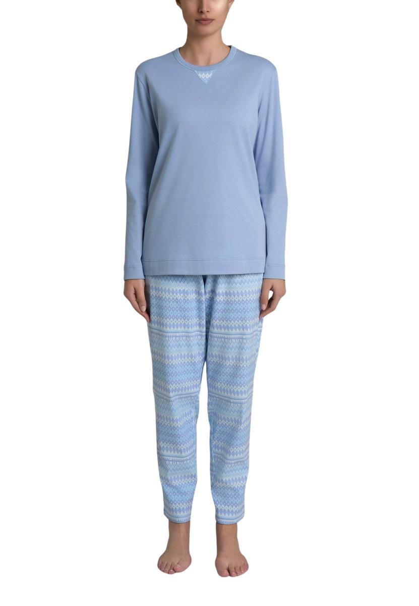 RAGNO Pigiama Donna Lungo Puro Cotone Felpato-Azzurro