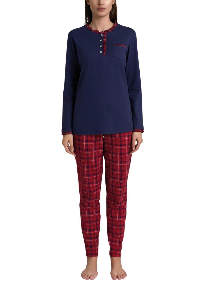 RAGNO Pigiama Donna Lungo Puro Cotone Felpato-Rosso