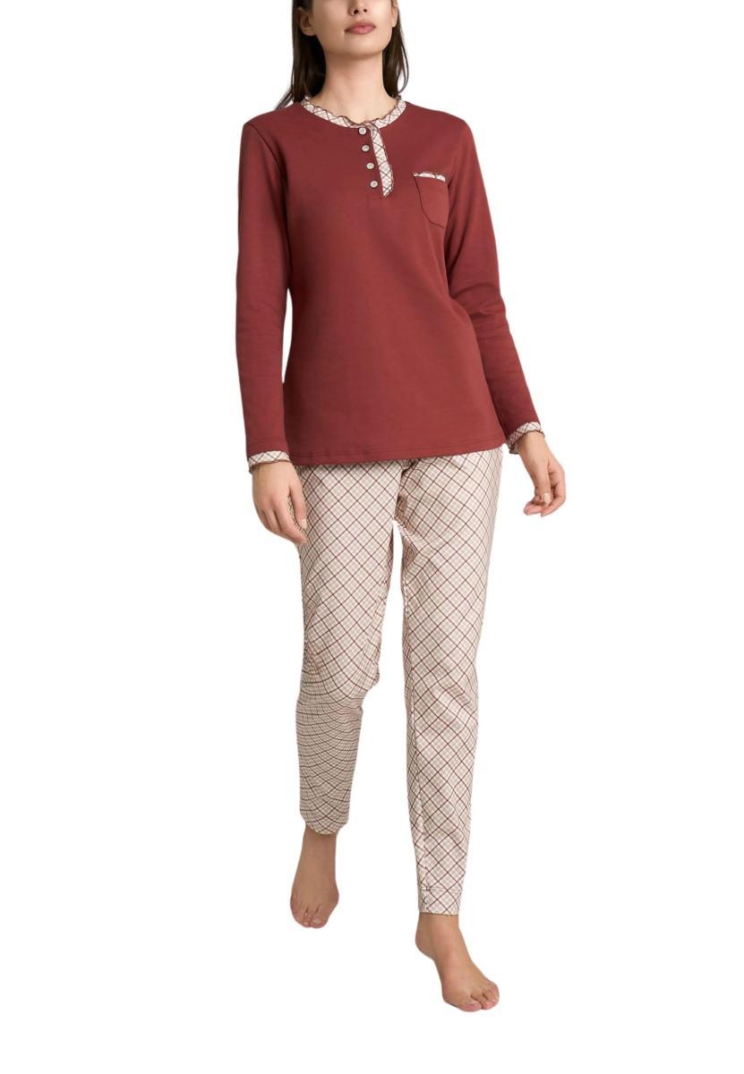 RAGNO Pigiama Donna Lungo Puro Cotone Felpato-Bordeaux