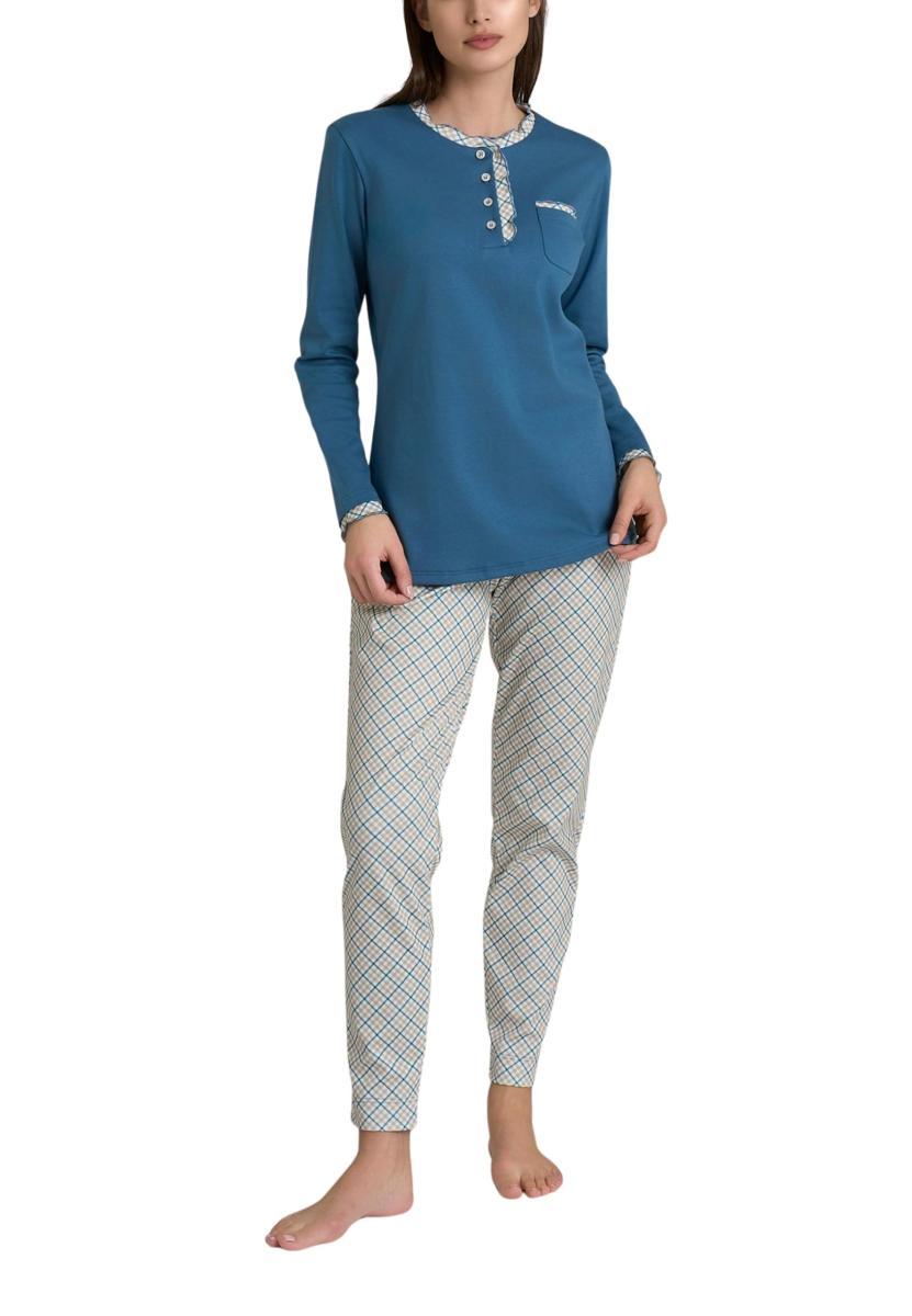 RAGNO Pigiama Donna Lungo Puro Cotone Felpato-Ottanio