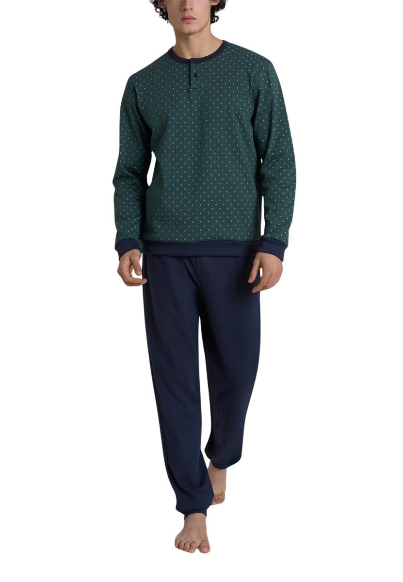 RAGNO Pigiama Uomo Lungo in Puro Cotone Felpato-Verde