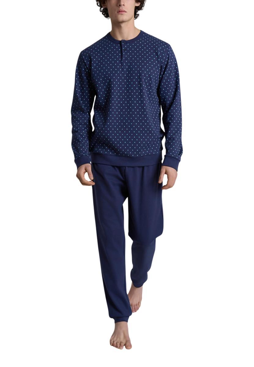 RAGNO Pigiama Uomo Lungo in Puro Cotone Felpato-Blu