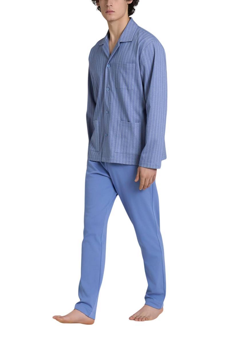 RAGNO Pigiama Uomo Manica Lunga Aperto 100% Cotone Felpato U961N7-Azzurro