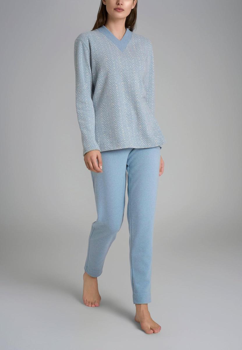 RAGNO Pigiama Lungo Donna Cotone Pile Invernale Art. DR90N2-Azzurro