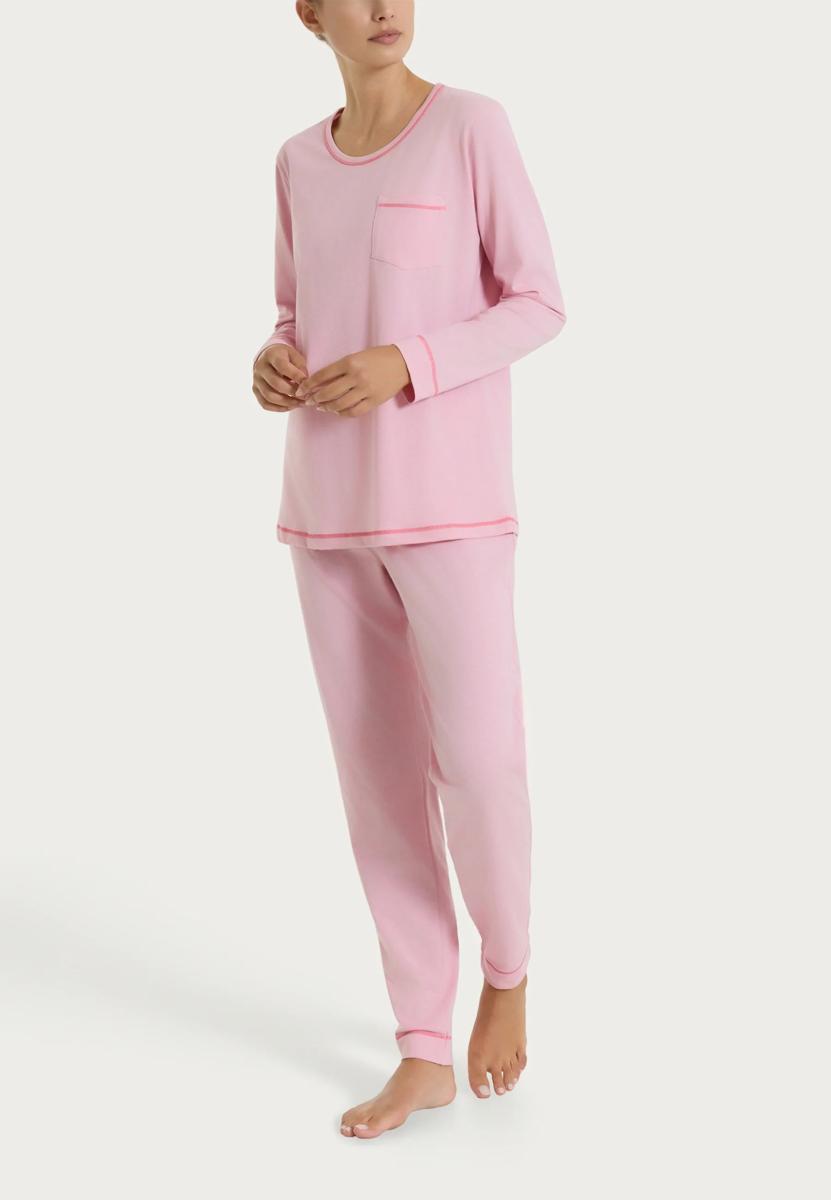 RAGNO Pigiama Donna Lungo Girocollo Cotone Jersey Leggero DT30NQ-Rosa