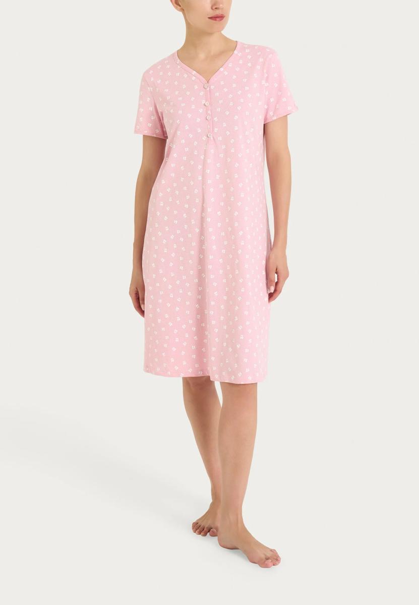 RAGNO Camicia da Notte Donna 100% Cotone Bianca con Fantasia Floreale Blu Art DTO4NK-Rosa
