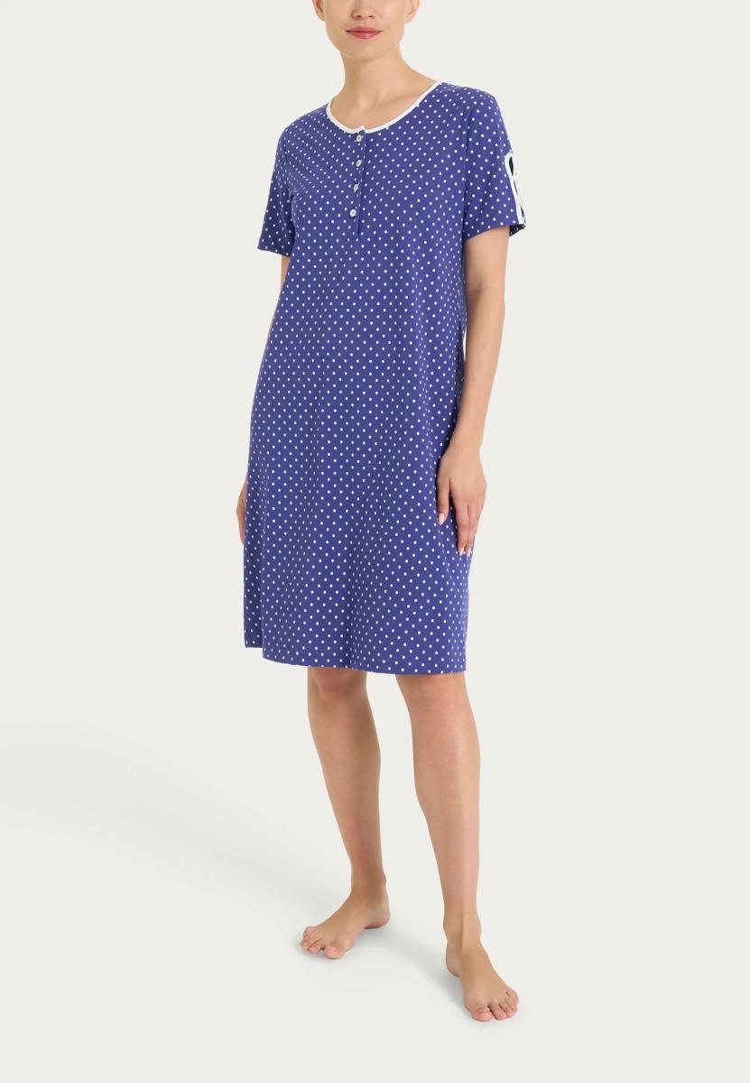 RAGNO Camicia da Notte Donna 100% Cotone Blu con Fantasia Pois Art DTO9NK-Blu