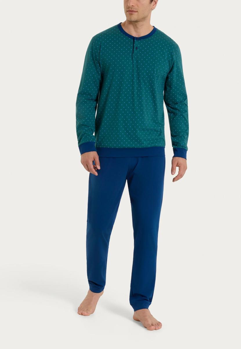 RAGNO Pigiama Uomo 100% Cotone con Maglia Serafino a Micro Pois e Pantalone Lungo Art UA23N1B-Verde