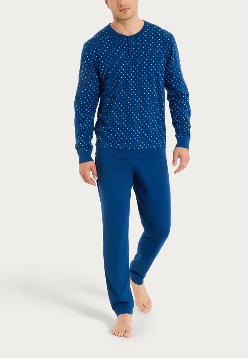 RAGNO Pigiama Uomo 100% Cotone con Maglia Serafino a Micro Pois e Pantalone Lungo Art UA23N1B-Blu