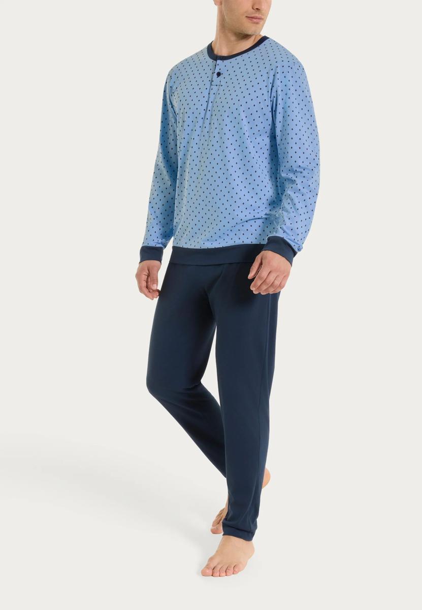 RAGNO Pigiama Uomo 100% Cotone con Maglia Serafino a Micro Pois e Pantalone Lungo Art UA23N1B-Azzurro