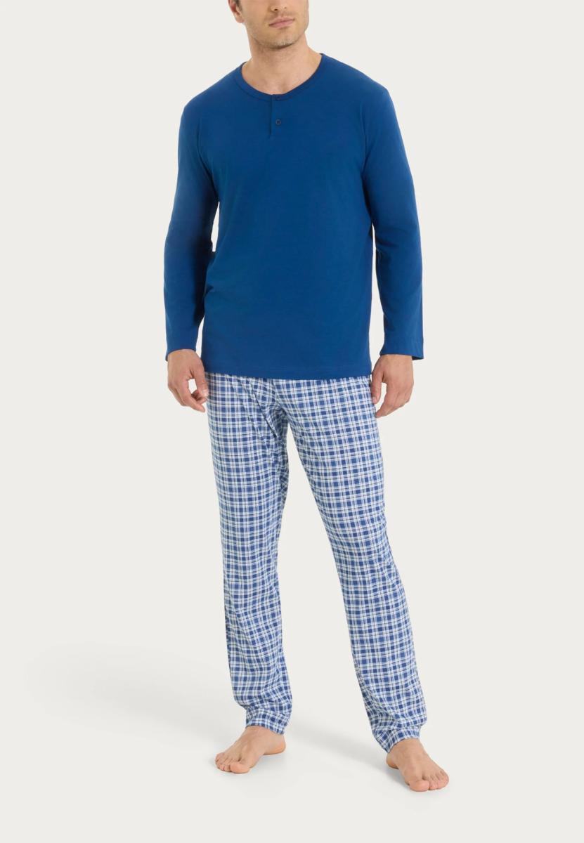 RAGNO Pigiama Uomo 100% Cotone con Maglia Serafino e Pantalone Scozzese Art UA24N1-Blu