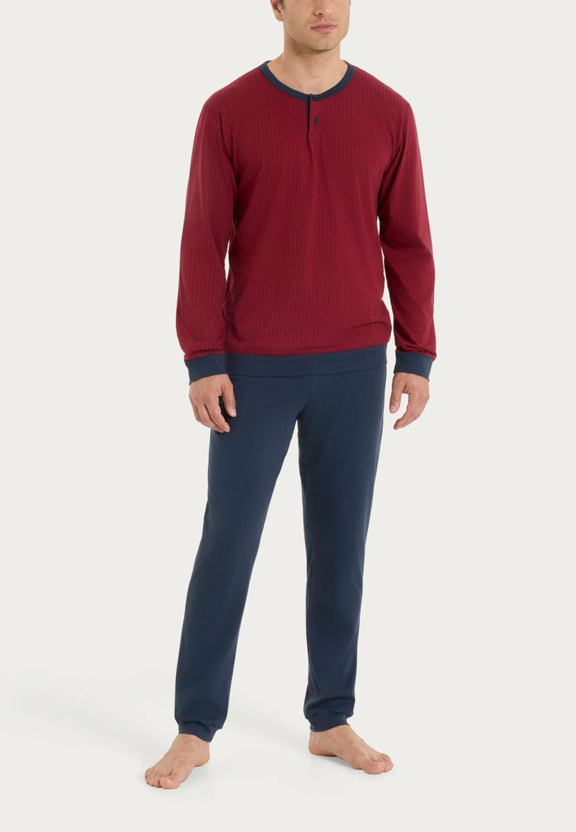 RAGNO Pigiama Uomo Lungo Serafino Cotone Leggero Rigato UA26N1-Bordeaux