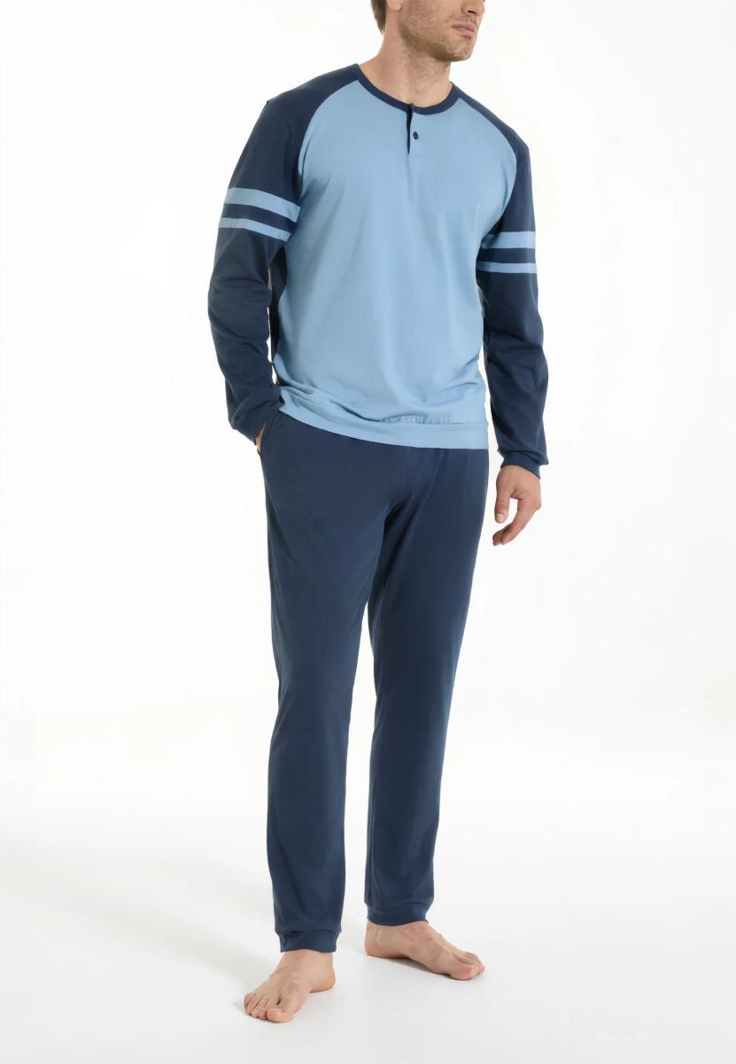 RAGNO Pigiama Uomo Lungo Serafino Cotone Leggero UA42N1-Azzurro