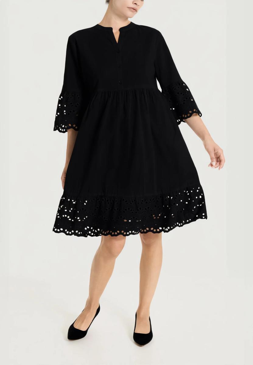 RAGNO Vestito con Dettagli in Sangallo e Mussola di Cotone ds91dg-Nero