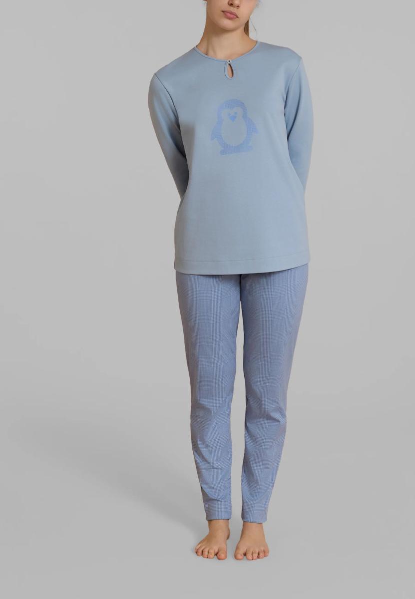 RAGNO Pigiama Donna Cotone Interlock Felpato Unita DT70N1-Azzurro