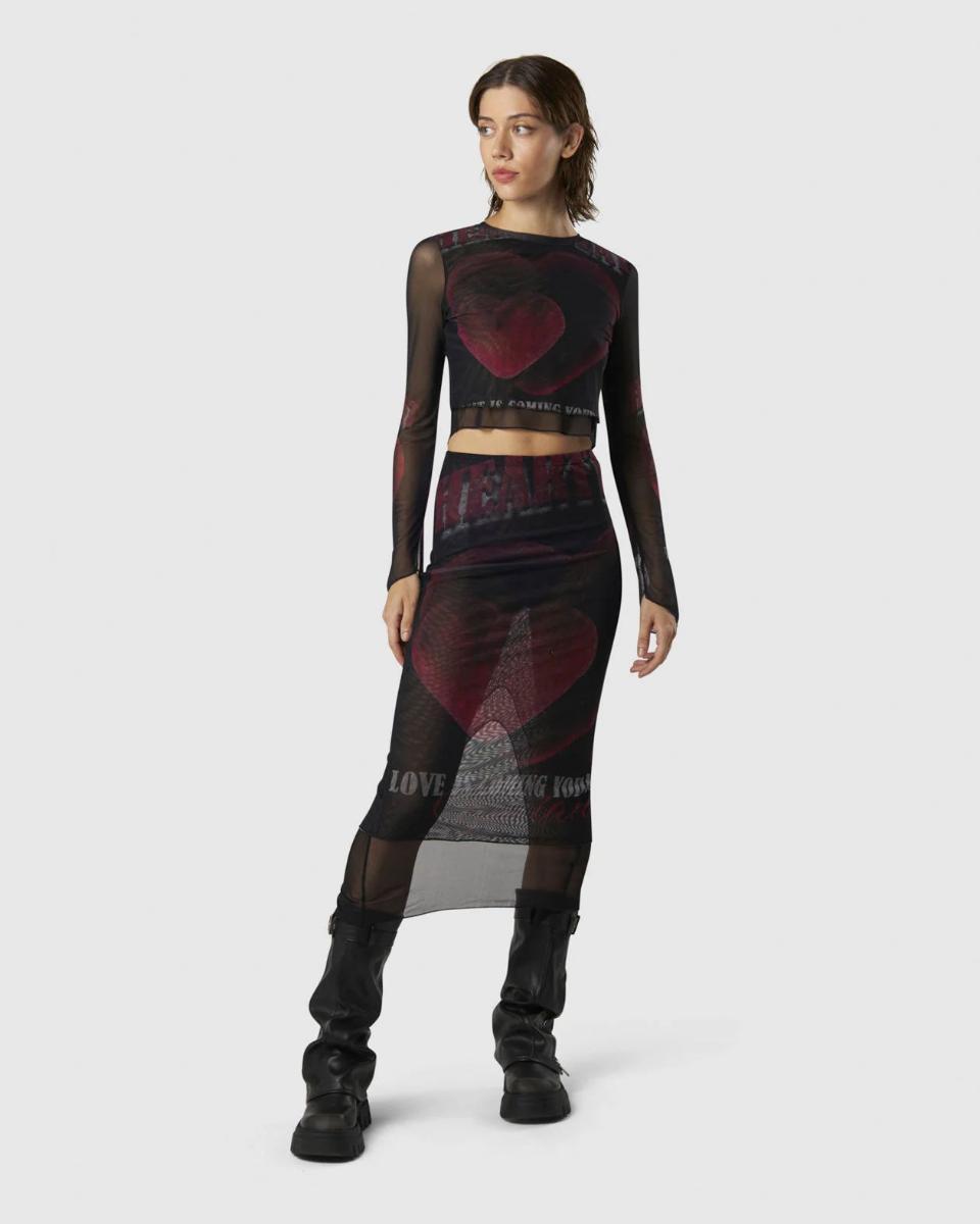 MIDI SKIRT WITH VELVET HEART PRINT-Nero